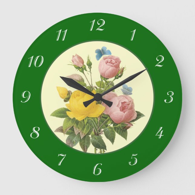 Roses botaniques rose jaune avec nombre Horloge (Recto)