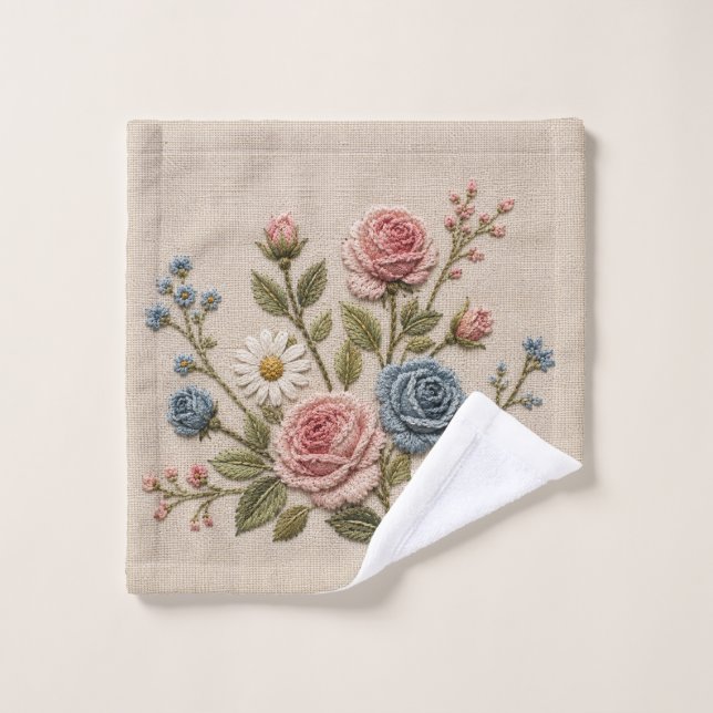 Roses Brodées Blush & Bleu (Gant de toilette)