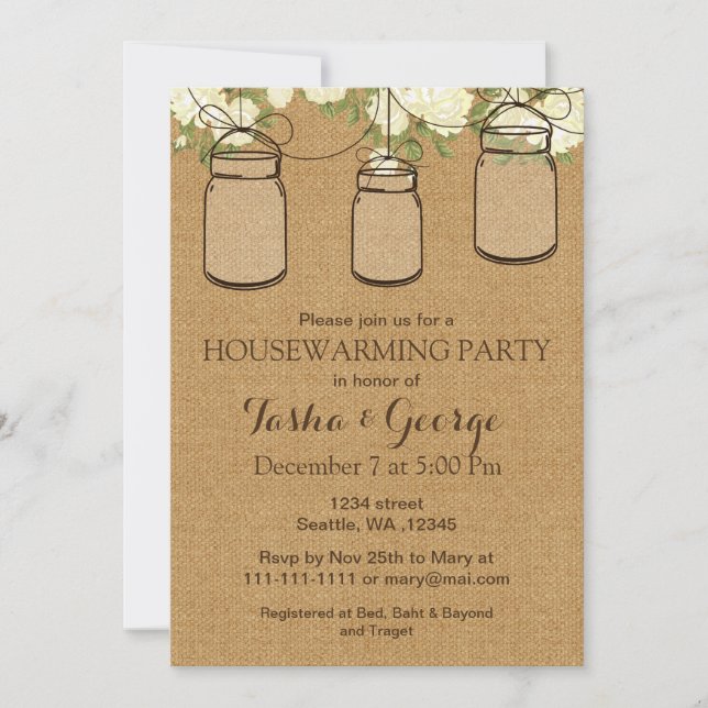 Roses Burlap en ivoire Mason Jars Invitation au fo (Devant)