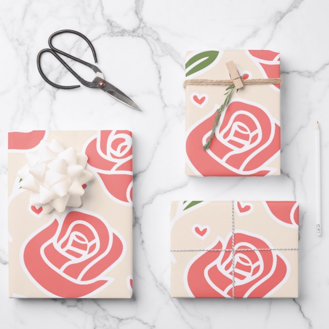 Roses coraux et feuilles vertes avec accents de cœ (Recto)