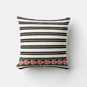 Roses d'abricot, Noir, Blanc, Coussin à rayures d'