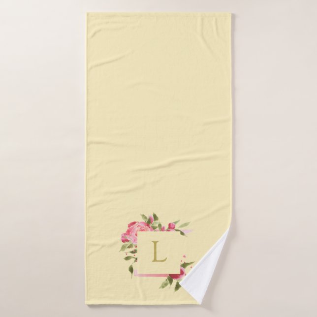 Roses d'aquarelle rose, animal monogrammé (Serviette de bain)