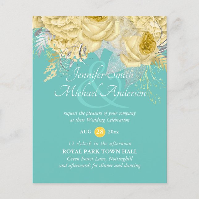 Roses d'argent or mariage floral invite (Devant)