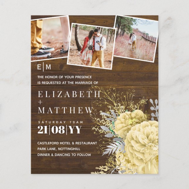 Roses d'argent or mariage floral invite (Devant)