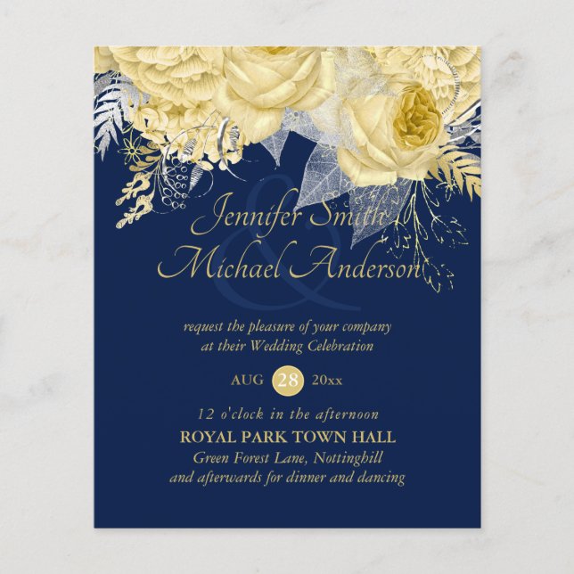 Roses d'argent or mariage floral invite (Devant)