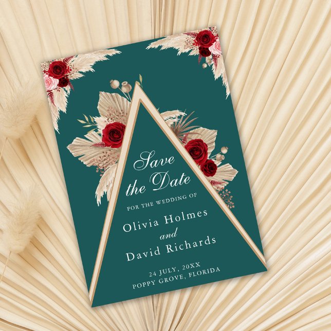 Roses de Bourgogne sur carte de rappel de date de  (Burgundy Roses on Teal Save the Date Card on dry palm leaf )