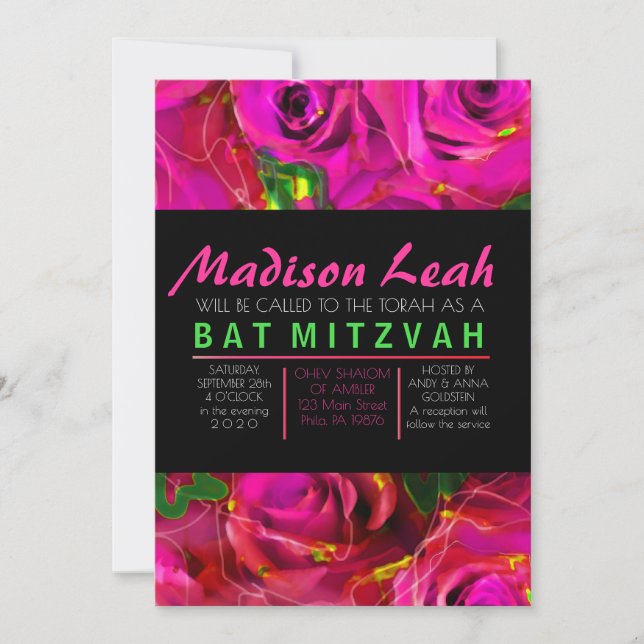ROSES DE COULEUR D'EAU Invitation Bat mitzvah PINK (Devant)