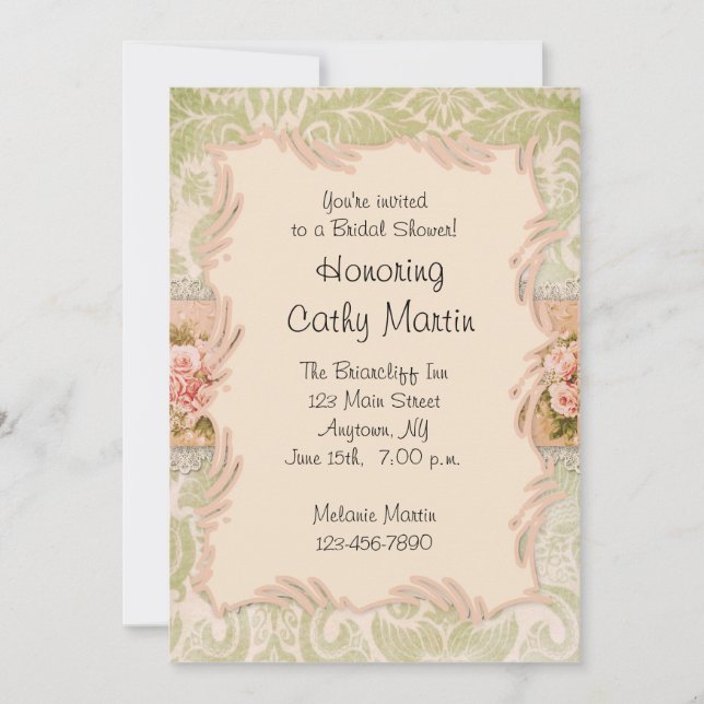 Roses de Shabby Peach Green 2 Invitation (Devant)
