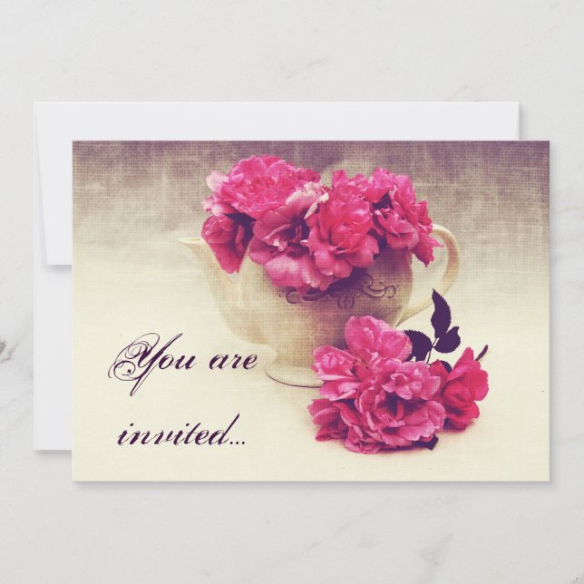 roses de thé dans une théière - invitation de fête (Devant)