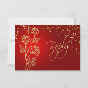 Roses d'or sur rouge, confetti Wedding RSVP