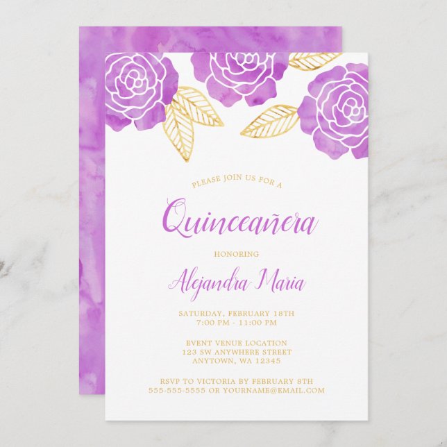 Roses d'or violet moderne Quinceanera Invitations (Devant / Derrière)