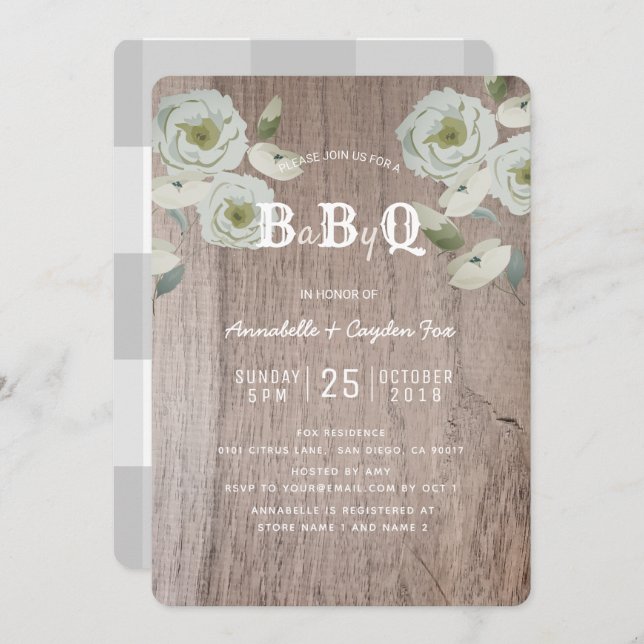 Roses et bois BaByQ Baby shower BBQ Invitation (Devant / Derrière)