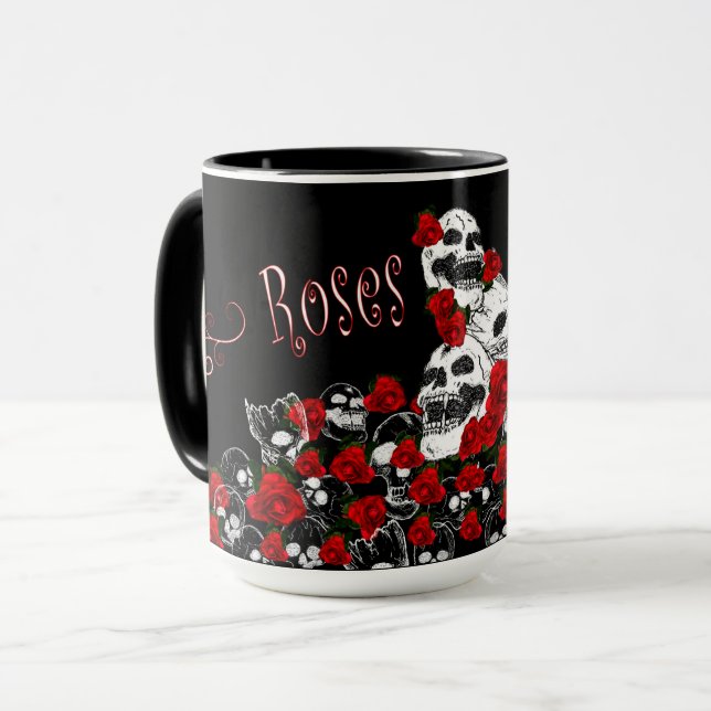 Roses et crânes noirs et tasse rouge, féminine (Devant gauche)