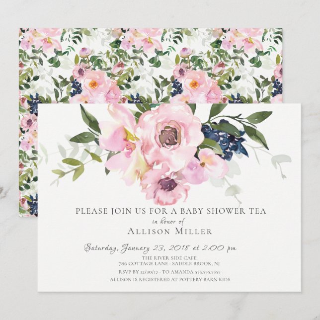 Roses et pivoines Blush Baby Tea Party Invitation (Devant / Derrière)