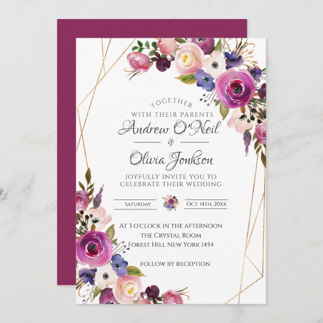 Roses faire-part de mariage violet et bleu (Devant / Derrière)