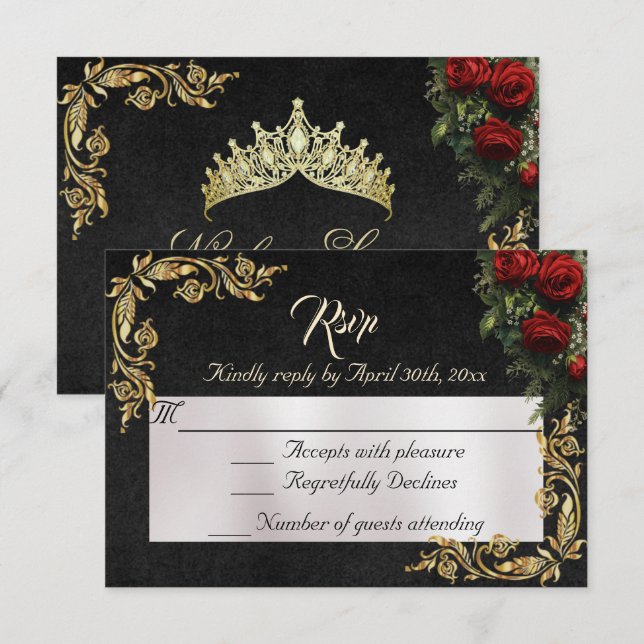 Roses & Feuilles d'Or - Noir RSVP (Devant / Derrière)