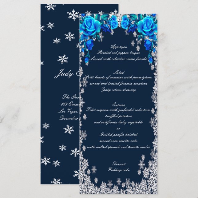 Roses Flocon de Neige Bleu Clair Menu de Mariage d (Devant / Derrière)