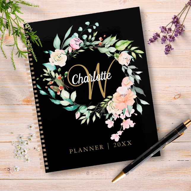 Roses Floral Script Monogramme Noir Or 2023 (Créateur téléchargé)