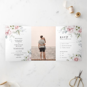 Roses floraux   Invitation mariage triplée