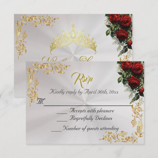 Roses & Gold Leaves - Pearl White RSVP (Devant / Derrière)