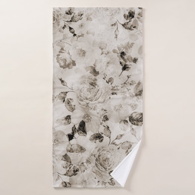Roses gris blancs élégants minables vintages (Serviette de bain)