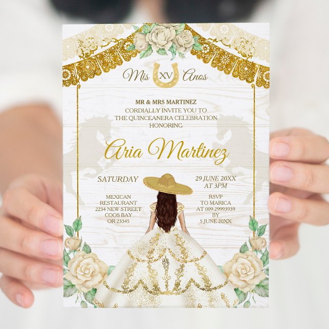 Roses ivoire et or Mis Quince Invitation (Créateur téléchargé)