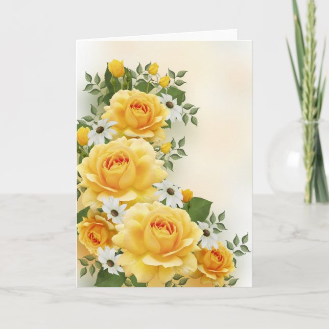 Roses jaunes avec carte de marguerites blanches (Devant)