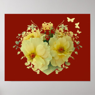 Roses jaunes cœur sur affiche rouge