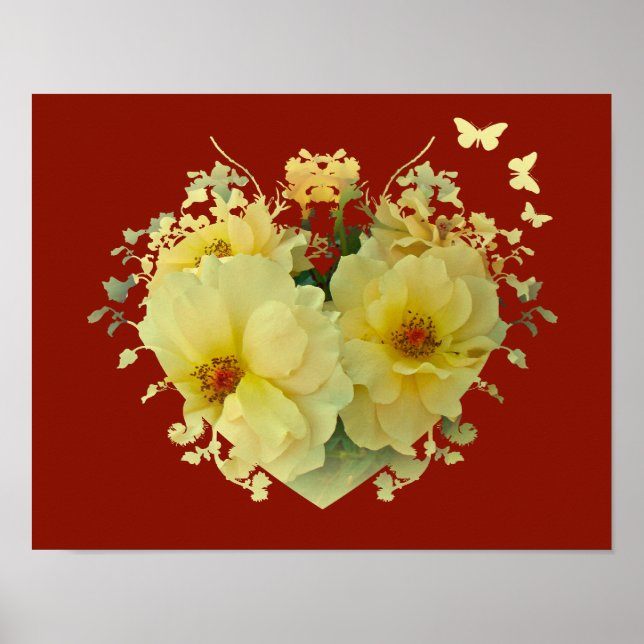 Roses jaunes cœur sur affiche rouge (Devant)