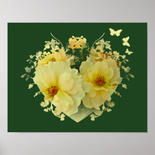 Roses Jaunes Cœur sur Affiche Verte