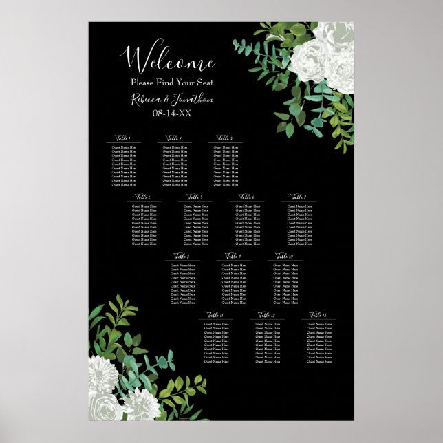 Roses noires et blanches Tableau de sièges Mariage (Devant)