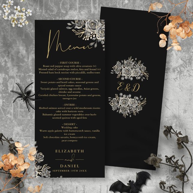 Roses Noires Et Dorées Menu Floral De Mariage Goth (Black And Gold Roses Floral Gothic Wedding Dinner Menu)