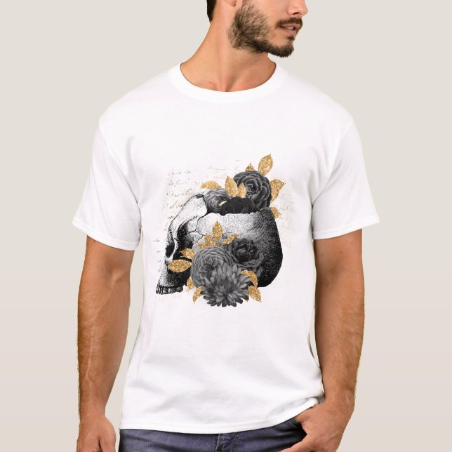 Roses noirs avec crâne T-shirt gothique (Devant)