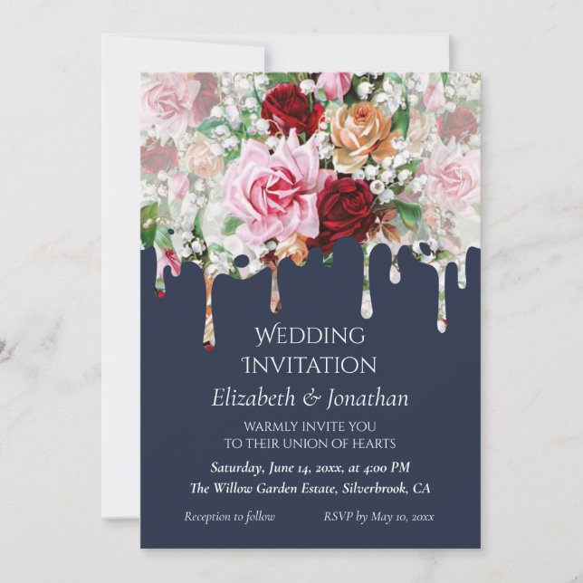 Roses on Blue Customizable Wedding Invitation (Devant)