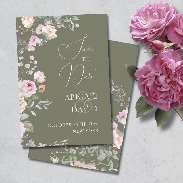 Roses on Olive Green Wedding Save The Date (Créateur téléchargé)