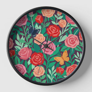 Roses Papillons Art Horloges Couleurs Abstraites
