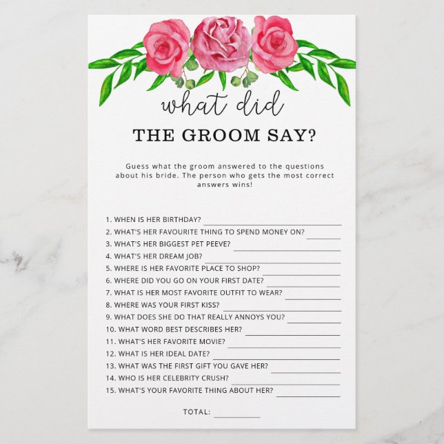 Roses Qu'est-ce que le marié a dit jeu de mariage (Devant)
