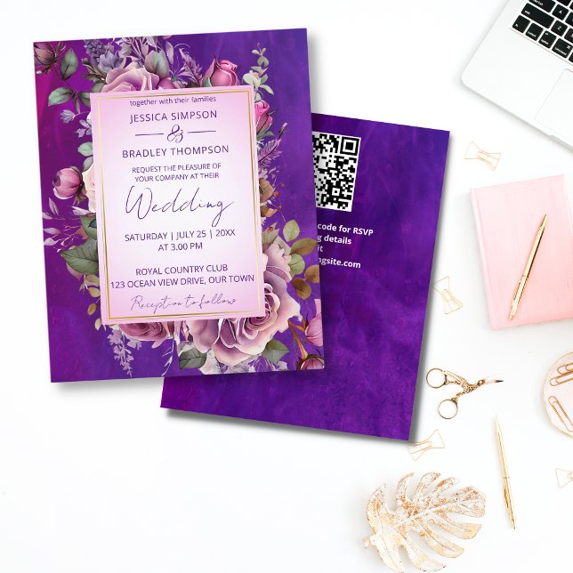 Roses rose violet élégant budget mariage (Purple pink vintage roses all in one budget wedding invitation template affordable quality invites)