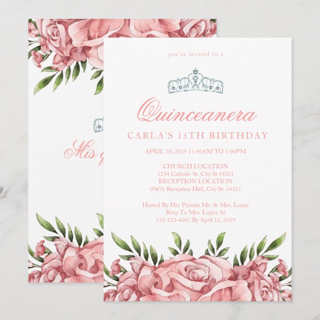Roses roses blanches | Invitations de Quinceanera (Devant / Derrière)