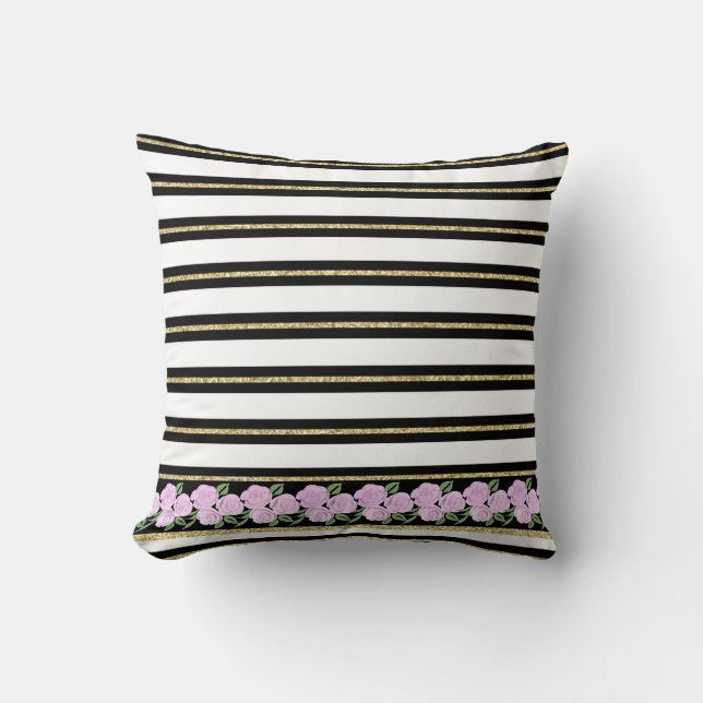 Roses roses douces sur Noir, Blanc, Coussin Or (Recto)