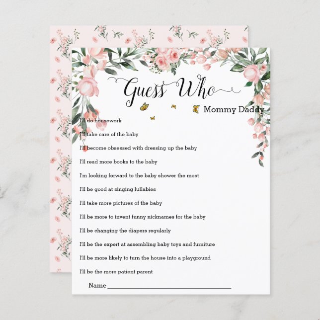 Roses roses élégantes aux papillons Devinez Qui Jo (Devant / Derrière)