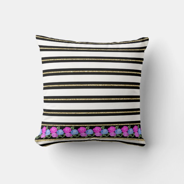 Roses roses et bleus sur coussin noir, blanc, or (Recto)