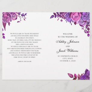 Roses roses et violets. Programme de mariage plié