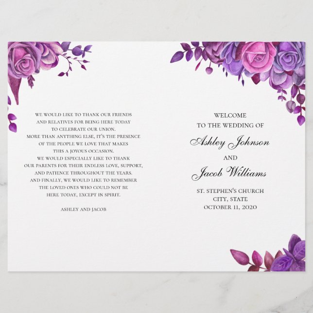 Roses roses et violettes. Programme de mariage pli (Devant)
