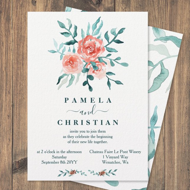 Roses roses, Eucalyptus Hiver Mariage Invitation (winter light pink light eucalyptus green leaves wedding invitations floral pink bouquet watercolor)