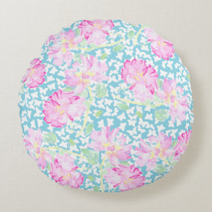 Roses roses, Papillons blancs Coussin rond bleu
