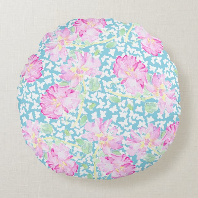 Roses roses, Papillons blancs Coussin rond bleu (Devant)