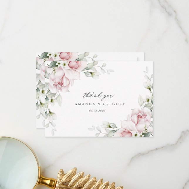 Roses roses romantiques Aquarelle Mariage Merci  (Devant/Arrière en situation)