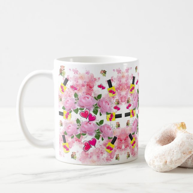 Roses roses rose Coeurs roses Jaune clou Mug polon (Avec donut)