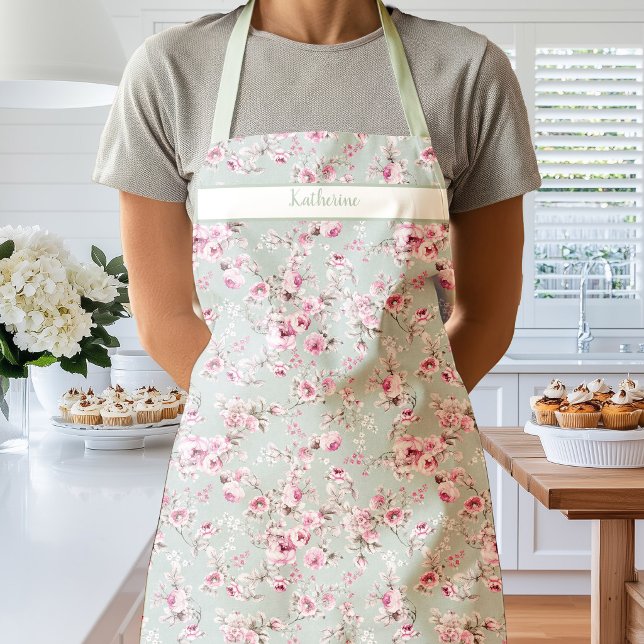 Roses roses roses sur un tablier vert doux (Vintage Rose Pink Green)
